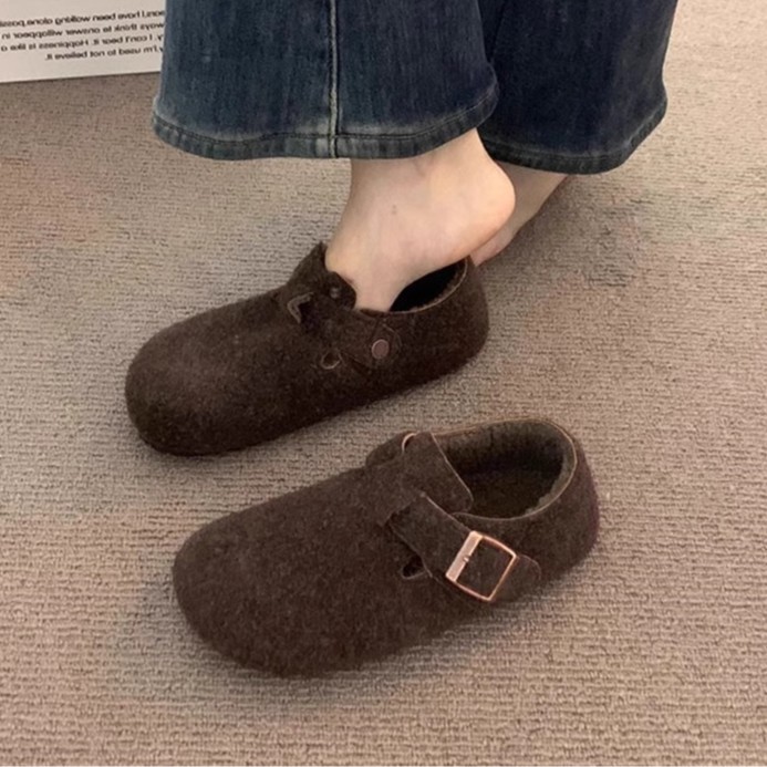2025 New Autum Style French Retro Outer Wear Round-Toe Felt Fleece-Lined Birkenstock Shoes for Women, One-Legged Warm Cotton Scoop Shoes