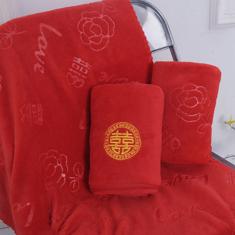 Embroidered wedding return red embroidered soft absorbent towel household face wash wedding red bath towel couple