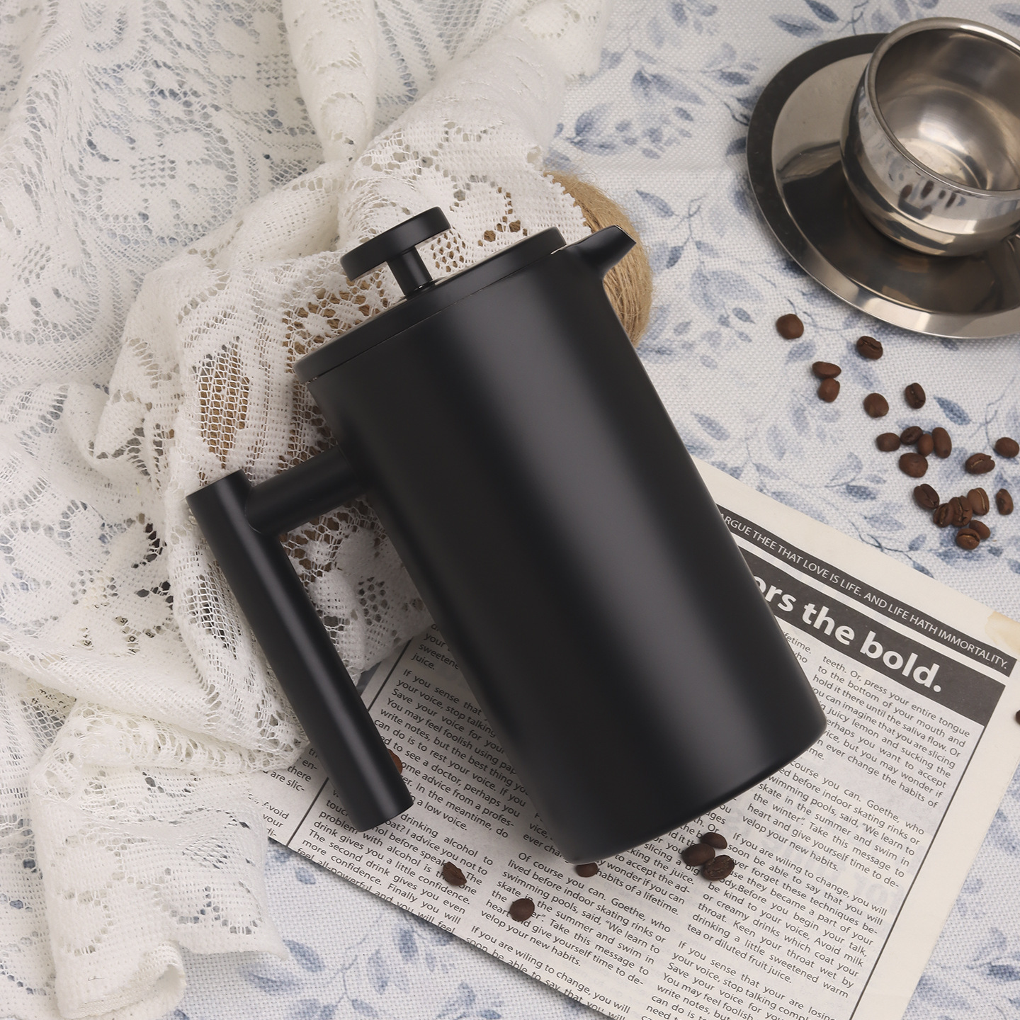 Outdoor Camping Style Hand-Brewed French Coffee Pot Black Double-Layer 304 Stainless Steel French Press Pot Tea Maker Coffee Maker