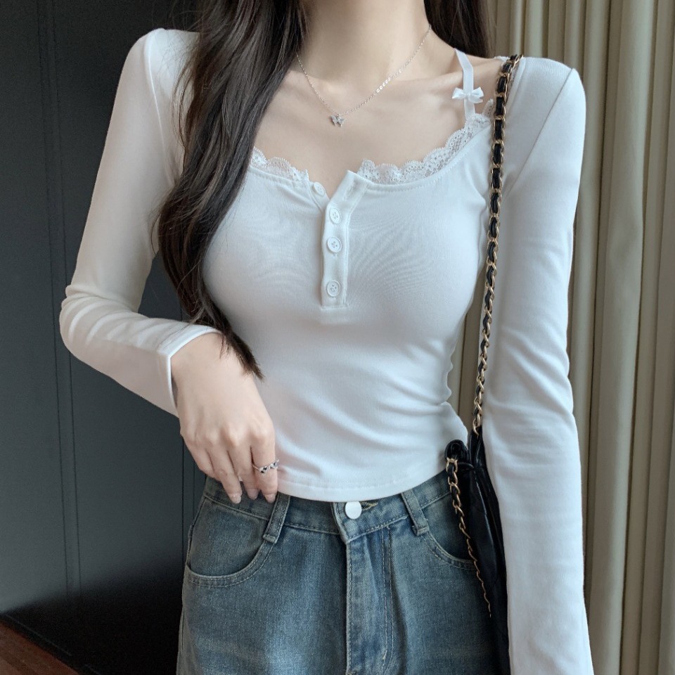 French Style Pure Desire Style Lace-Edge Long-Sleeved T-Shirt Autumn and Winter Sanding Slim-Fit Slimming Spice Girl Inner Sweet Base Top