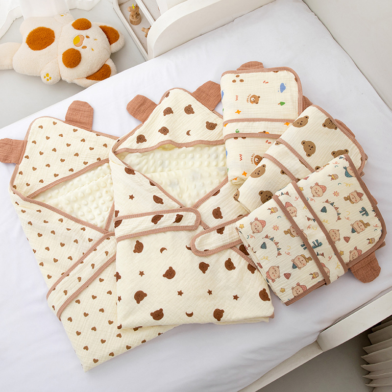Newborn Blanket Pure Cotton Wrinkled Cloth Beanie Hooded Blanket Delivery Room Baby Swaddle Blanket Spring & Fall Outing Windproof Quilt