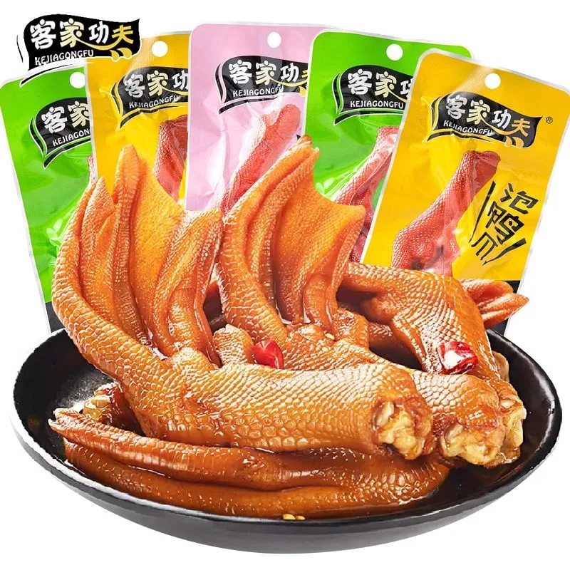 Hakka kung fu bubble duck claw 30g Longyan Tulou duck claw fragrant spicy marinated duck palm meat snacks whole box wholesale