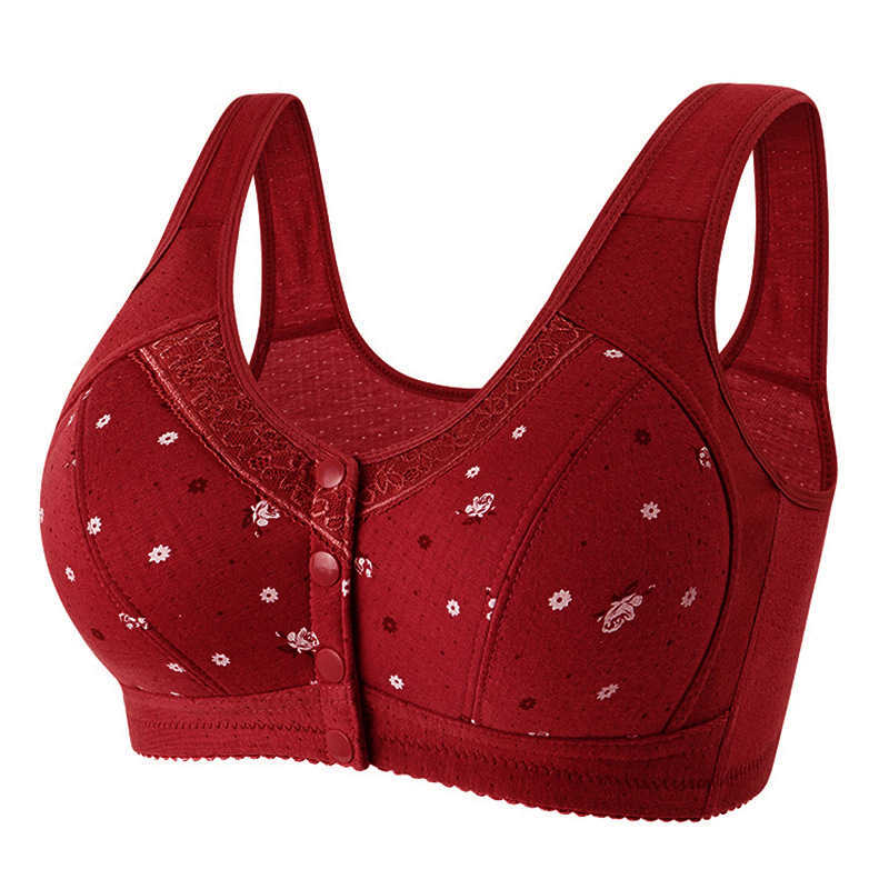 Spring and Summer plus size Underwear for Middle-aged and Elderly Pure Cotton Non-rimmed Bra Front-breasted Lace-edged Printed Vest Bra