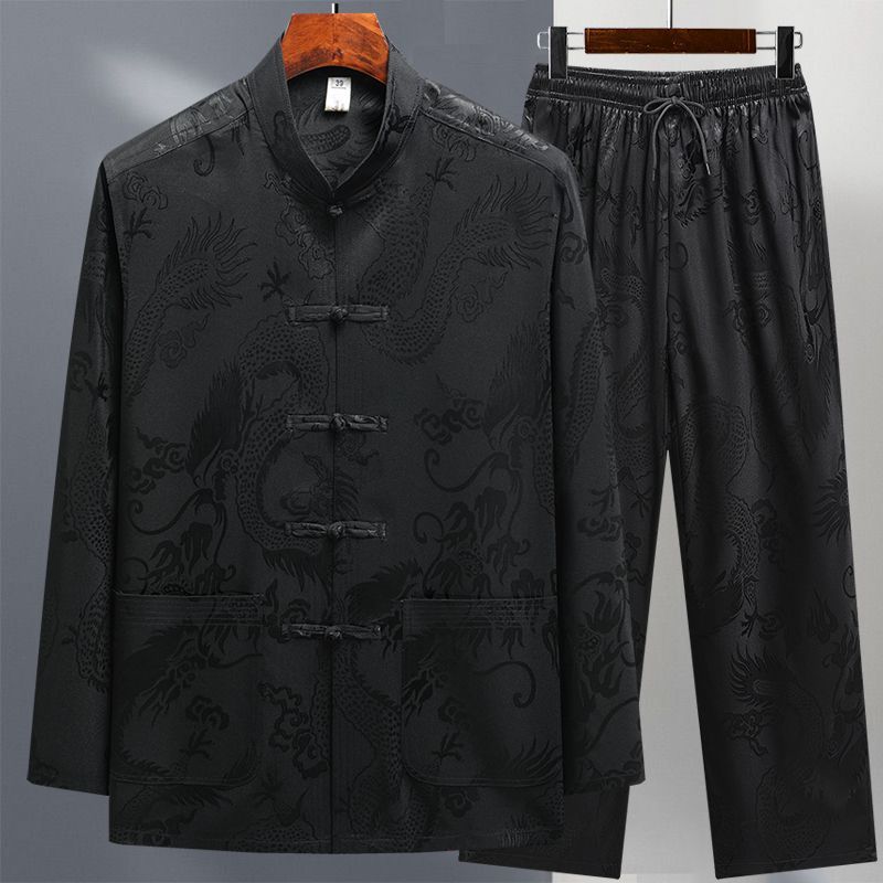 Tang Suit Men's Ice Silk Long Sleeve suit Spring and Summer Middle-aged and Old Age Retro Style Hanfu Dad Old Man Grandpa Morning Exercise Taiji Suit