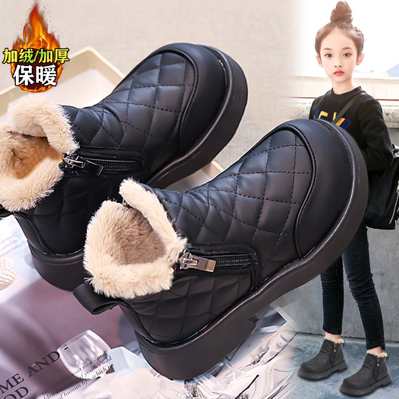 Children's Shoes, Girls' Snow Boots, Winter Fleece-Lined 2025 New Kidsren's Warm Black Cotton Boots, Medium and Large Kidsren's Girls' Cotton Shoes