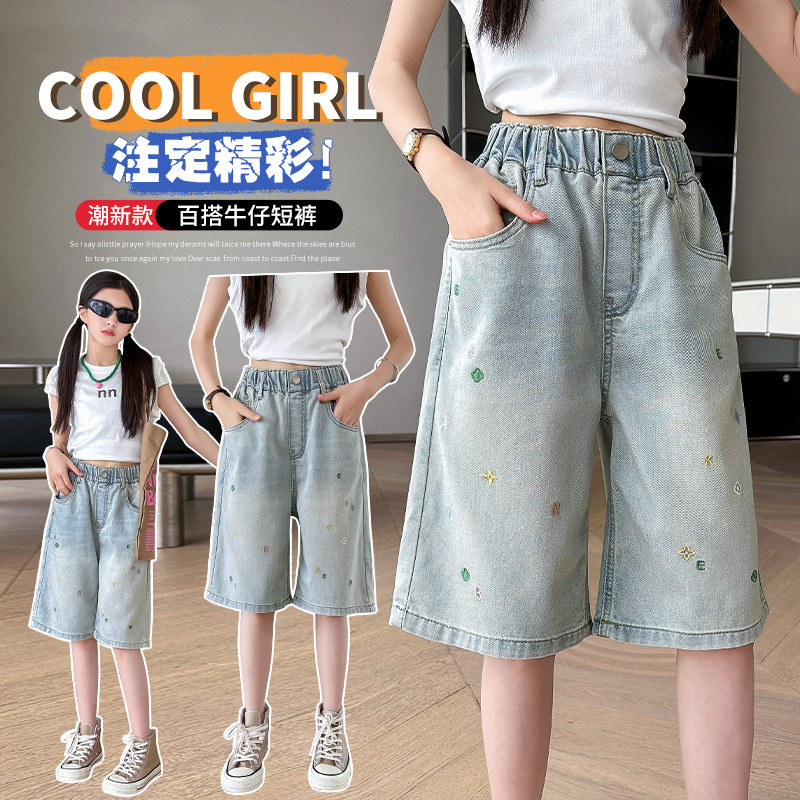 Джинсовые шорты в западном стиле для девочек, новые летние брюки 2025 года, вышитые цветочные брюки