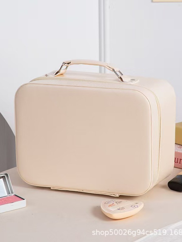 Cross-Border Fashion Solid Color Makeup Case with Mirror Wholesale Pu Waterproof Large Capacity Portable Makeup Storage Bag for Women