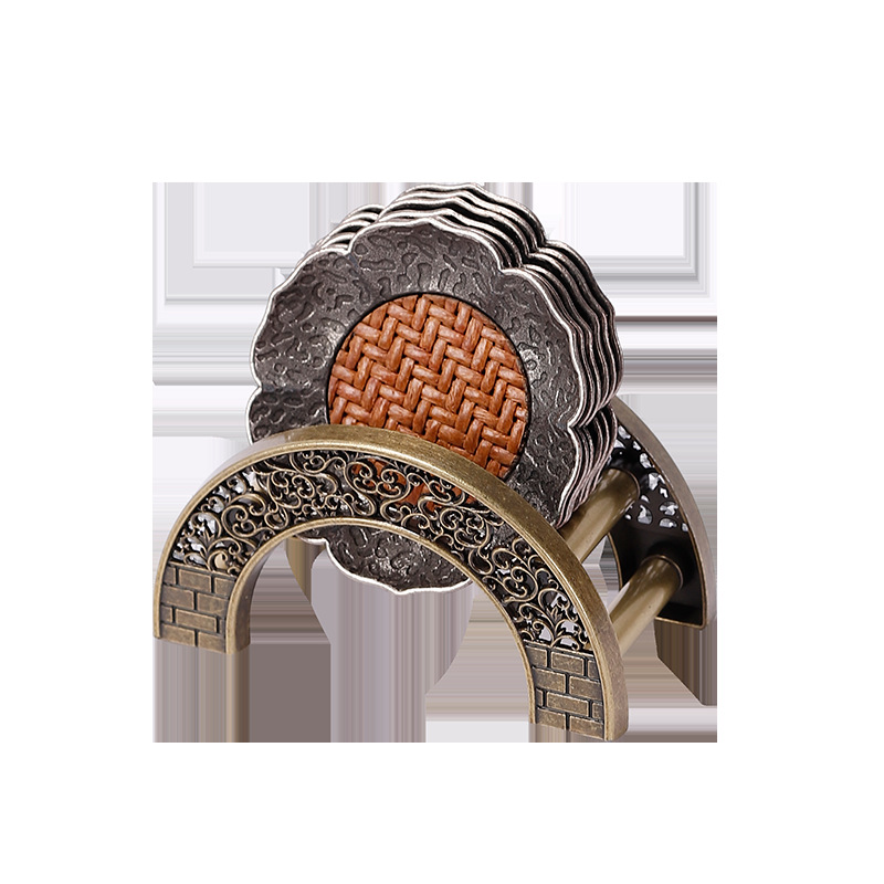 Chinese Antique Silver Alloy Tea Cup Mat Bamboo Mat Heat Insulated Tea Cup Cup Holder Saucer Kung Fu Tea Set Accessories with Storage Rack