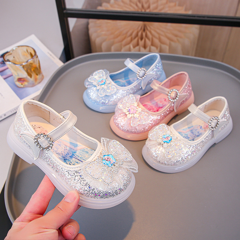 2025 New Elsa Girls Princess Shoes Crystal Spring and Autumn Soft Sole Shoes Fashionable Little Girls Children's Leather Shoes with Lights