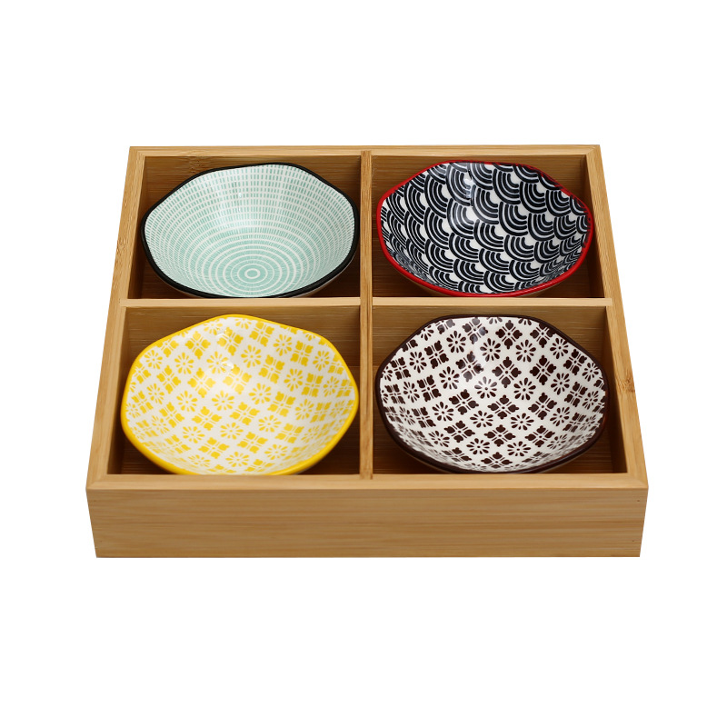 Nordic-style Bamboo-wood Jiugongge Hot Pot Barbecue Tray Combinations Ceramic Dip Dishes Tray Snacks Platter