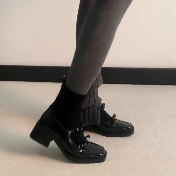 Sheepskin Version ~ Small Fragrant Bow Elastic Slim Boots 2025 Versatile Square Toe Thick Heel Back Zipper Slimming Look Socks Boots