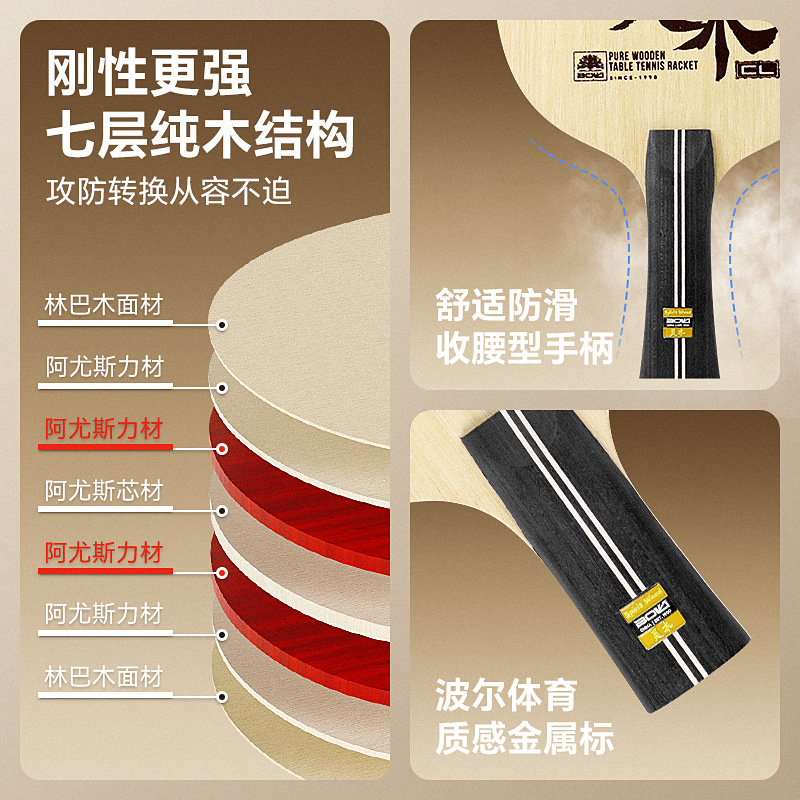 Boli Lingmu Series Cl Professional Seven-Layer Pure Wooden Linba Aws Horizontal Straight Racket Log Table Tennis Racket Bottom Plate