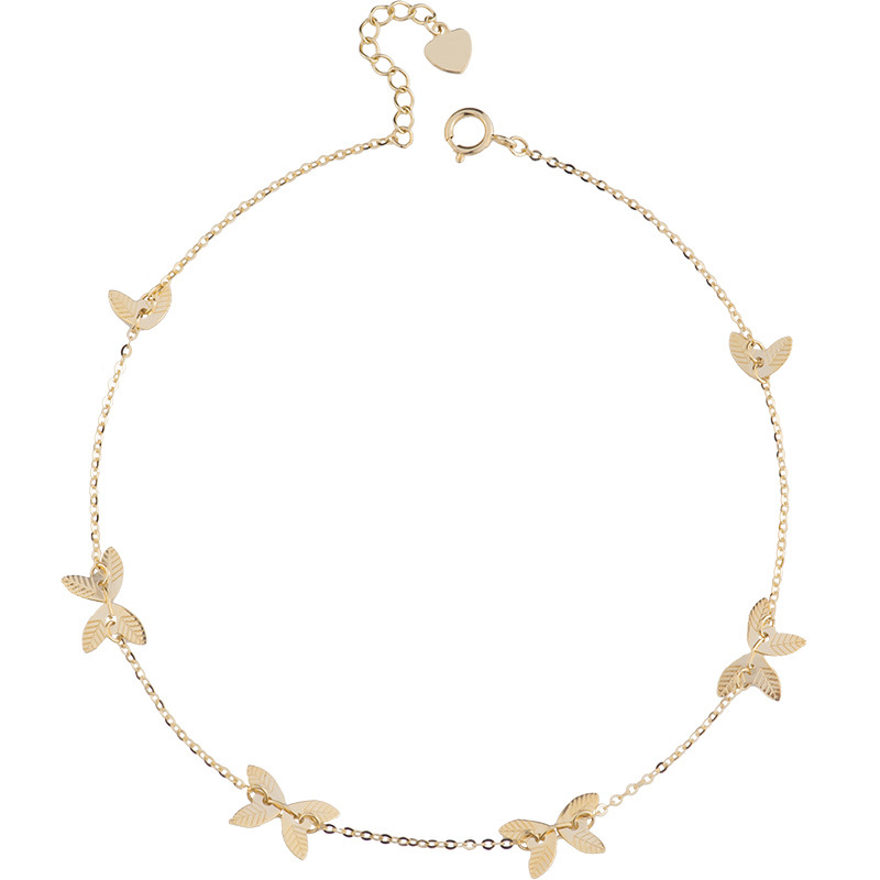 14K Gold Anklet Women's Light Luxury Commuting Plain Gold Gold Jewelry Glossy Double Leaf Butterfly Anklet 40314