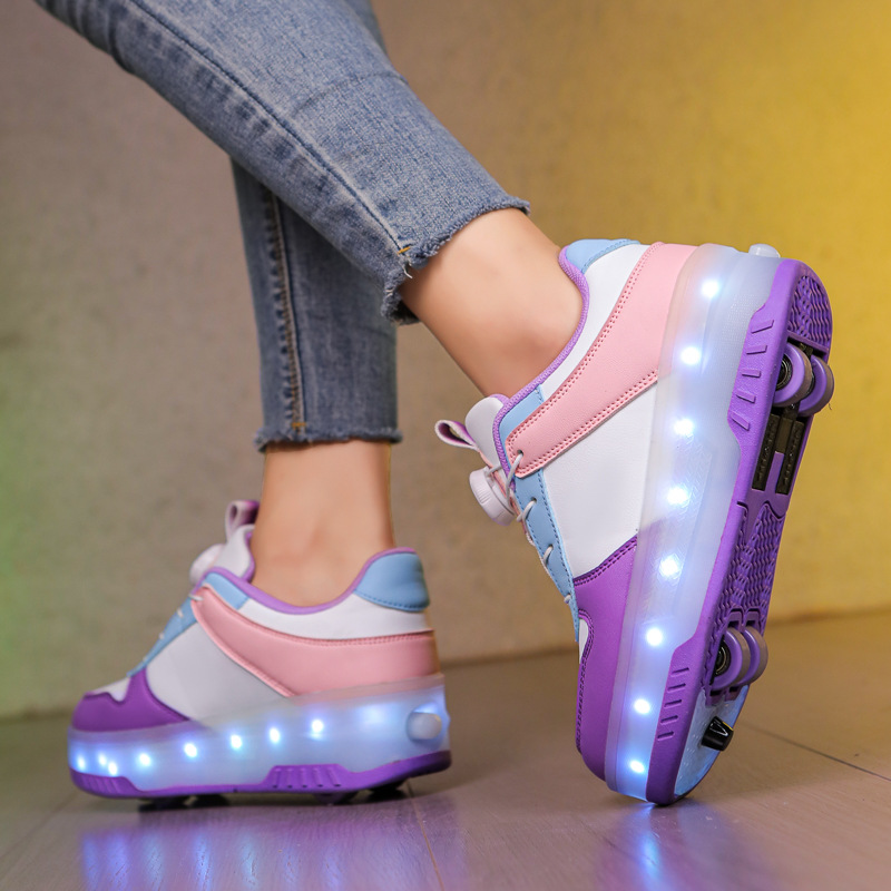 Factory Direct Supply Cross-border Children's Walk Shoes Girls' Double Wheels with Light Skates Boys' Roller Skates Student Luminous Shoes