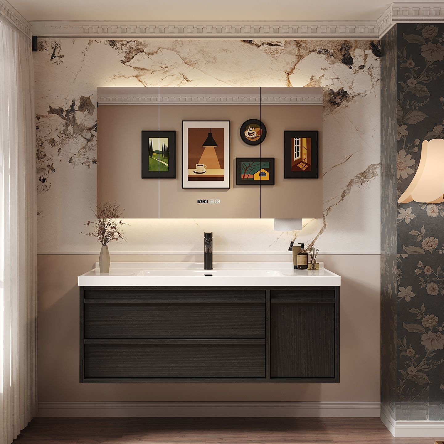 Черный умный керамический интегрированный умывальник шкаф для ванной комбинация из массива дерева