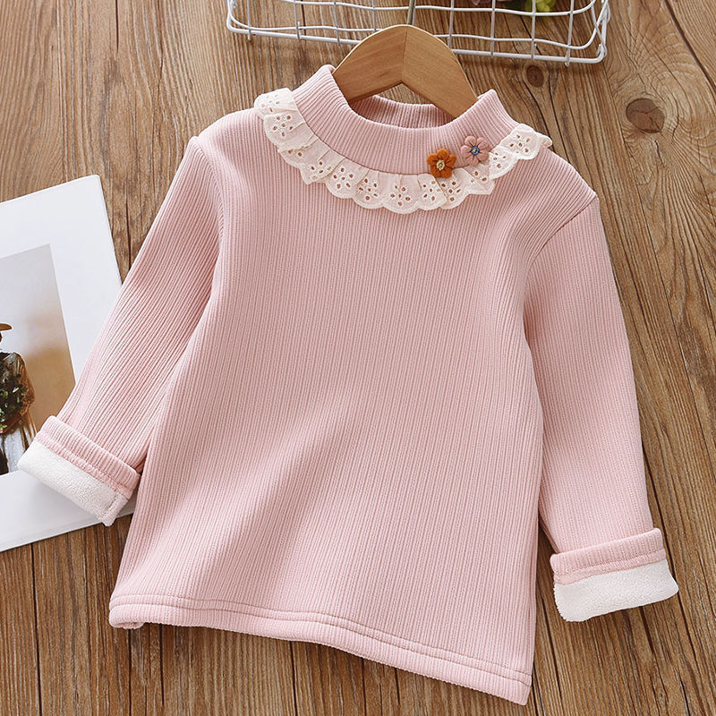 Girls' Winter Base Shirt Children's fleece-lined Mock Collar Lace Warm Top Girls' Jacquard Knitted T-Shirt