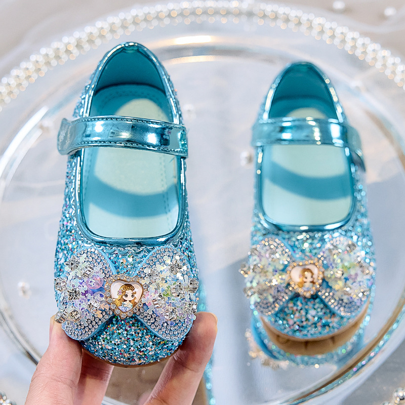 Girls' Leather Shoes 2025 Spring and Autumn New Pearl Bow Elsa Princess Shoes Little Girls Crystal Shoes