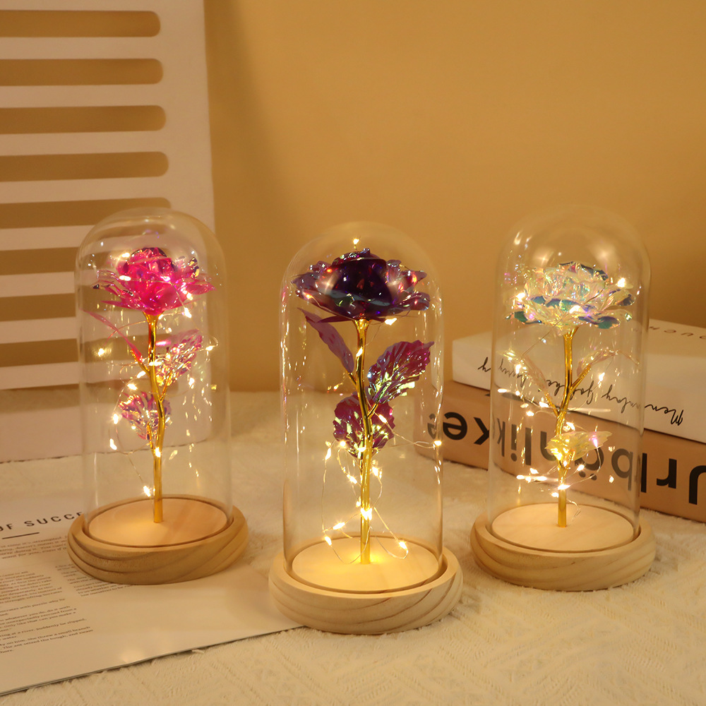 Colorful Gold Foil Rose Glass Cover Log Base Night Light Valentine's Day Souvenir Gift Wholesale Holiday Flower