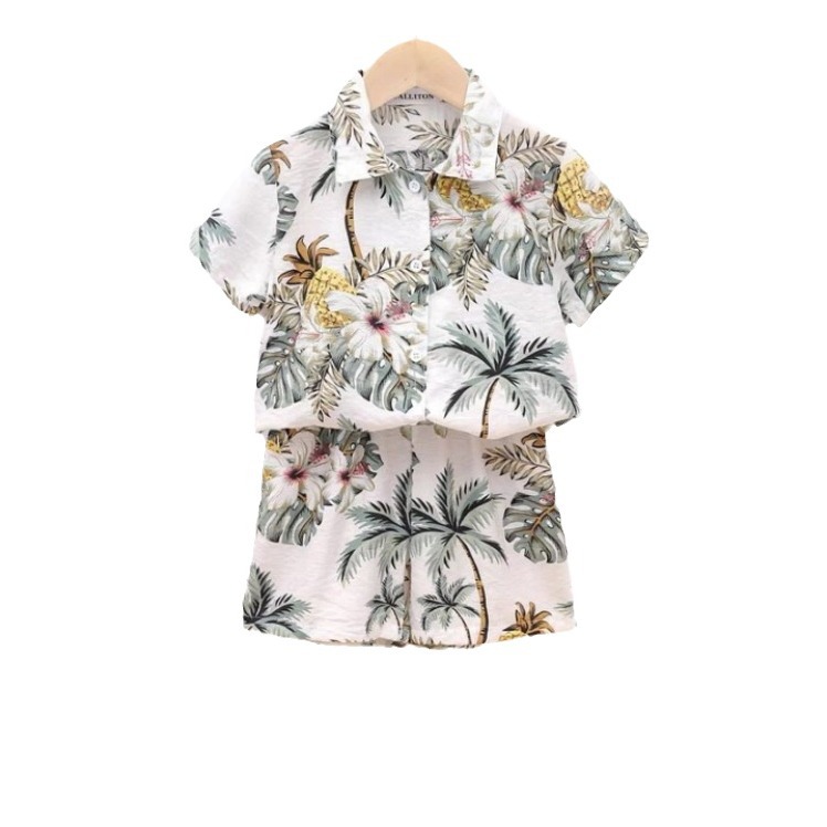 Boys and Girls Summer Beach Suit New Hawaiian Style Island Suit Children's Handsome Style Shirt Shorts Set Trendy