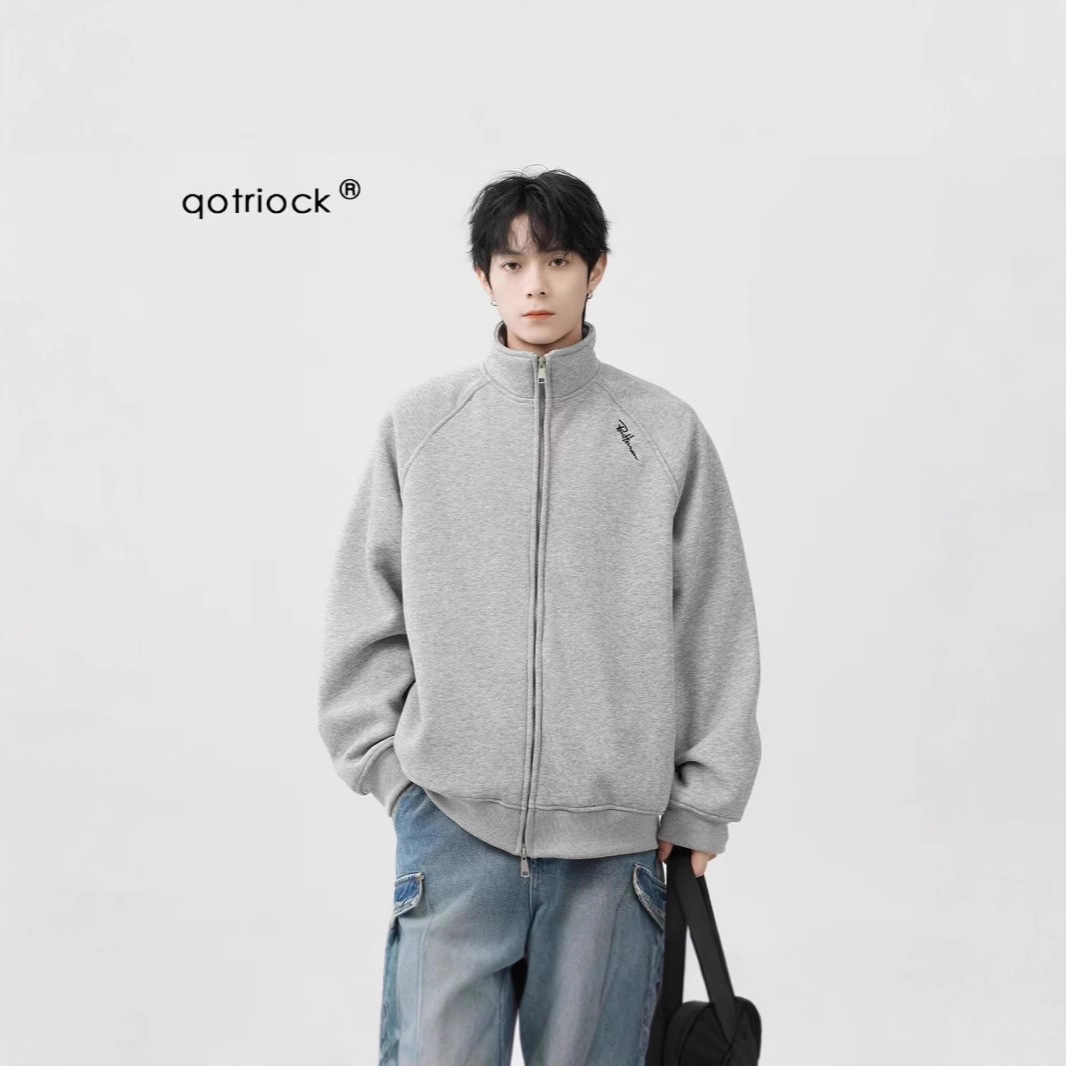 Куртка осень-зима, корейский ретро стиль, однотонная, с стоячим воротником, мужская свободная толстовка с молнией