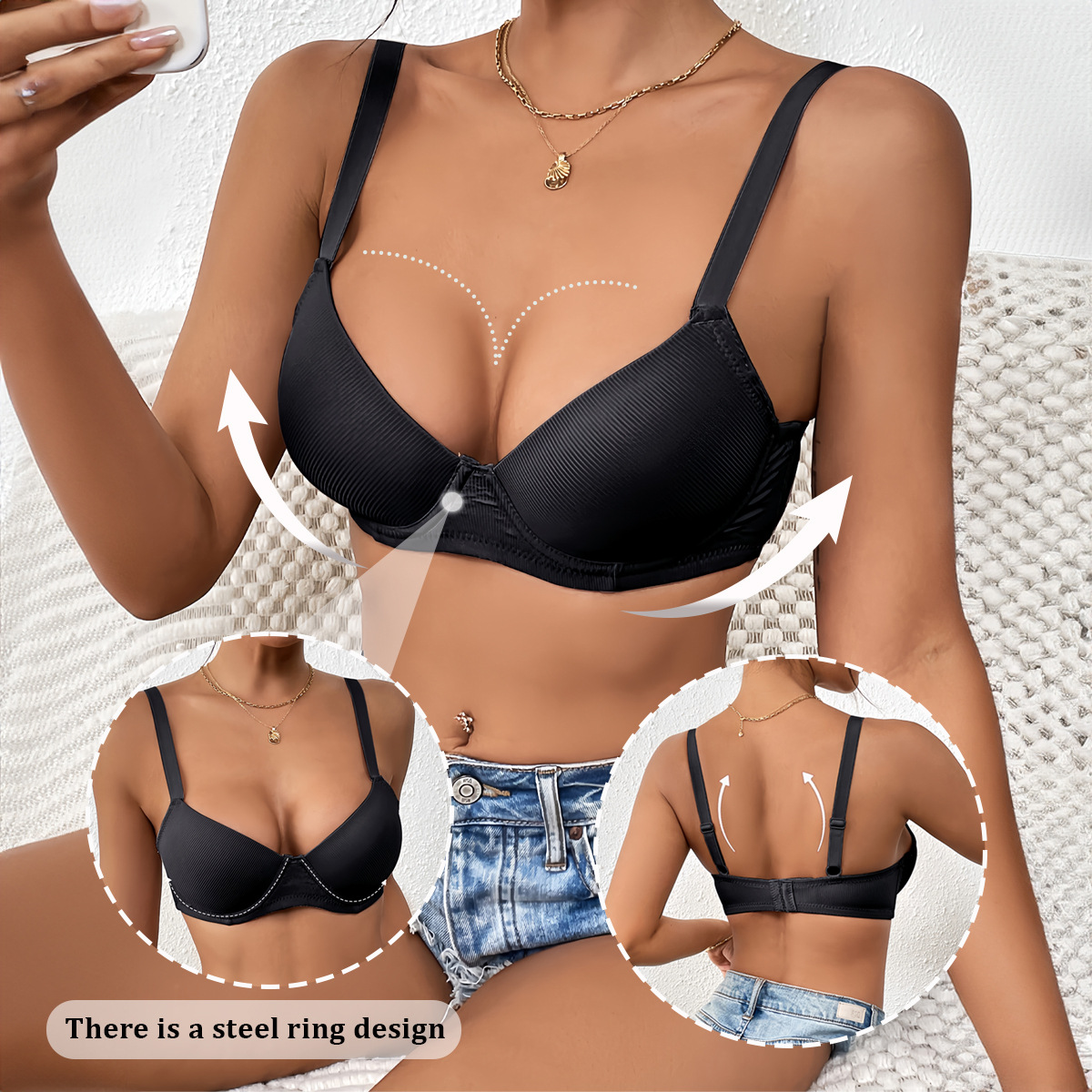 Кросс-бордерное бесшовное нижнее белье с металлическим кольцом, собранное, антивозрастное, красивое сзади, тонкая чашка