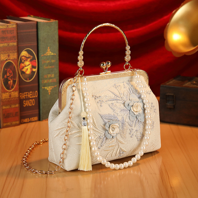 Original Heavy-Duty Flower Lace Mesh Socialite Handbag, Antique Style Cheongsam Banquet Bag, Rhinestone High-End Women's Bag