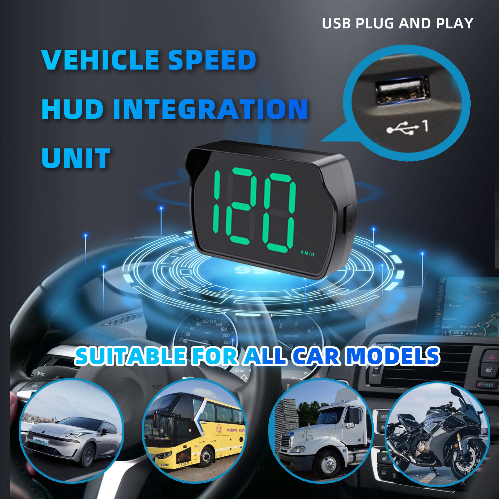 [Cross-border] New Car HUD Head-up Display Universal GPS Speed Meter HUD Cross-border Exclusive