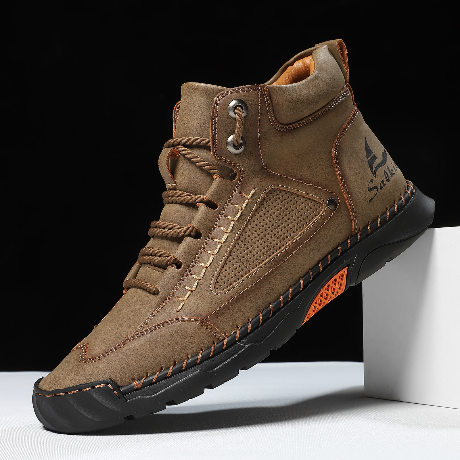 Cross-Border Plus-Size Men's Pu Leather Boots, Men's Fashion Handmade Stitched Ankle Boots, Flat Lace-Up Casual Shoes