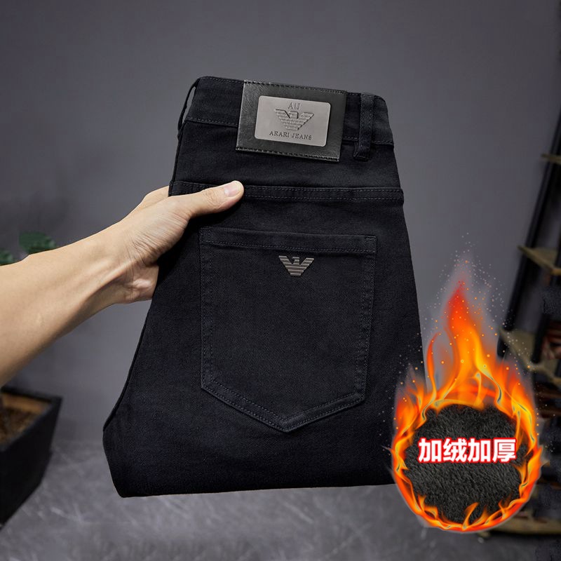 толстые джинсы с флисовой подкладкой для мужчин осень и зима облегающие эластичные брюки мягкие дышащие новинка 2024