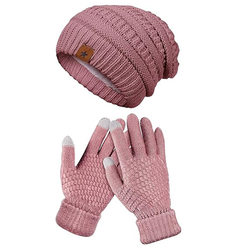Amazon's Hottest Winter Fashion Knitted Woolen Hat Women's Warm Hat Gloves Two-Piece Set Thickened Velvet Cold Hat