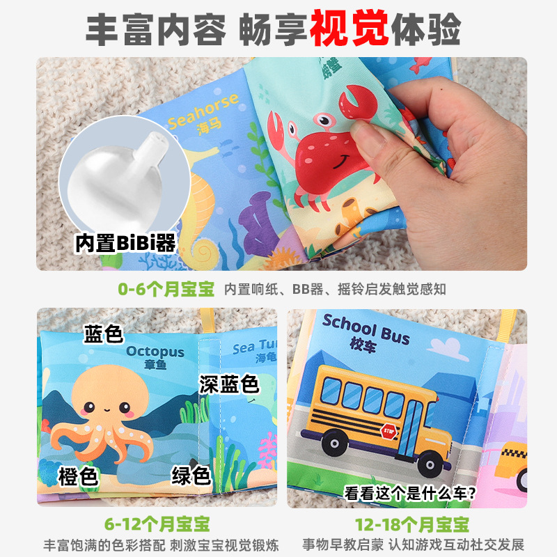 Source Manufacturer 4 Pages 8 Sides Cross-Border Baby Cloth Book Tear-Resistant Early Education Educational Baby Cloth Book Science and Education Toys