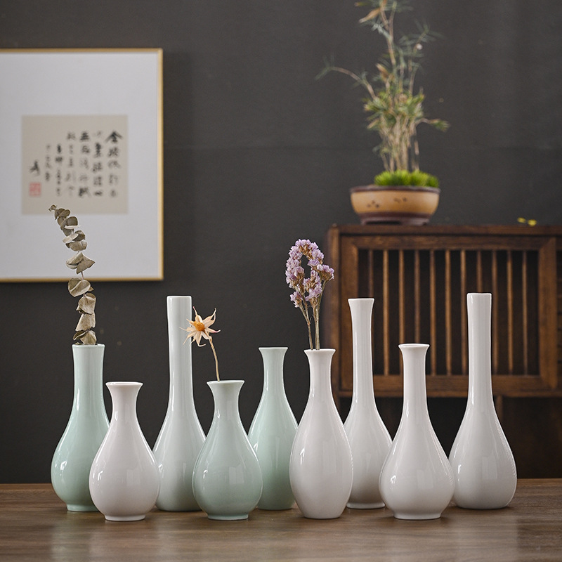 Белая нефритовая бутылка для чайной церемонии, цветочная композиция, домашний декор, настольная зеленая керамическая маленькая ваза, ваза Гуаньинь для Будды, ваза в стиле дзен