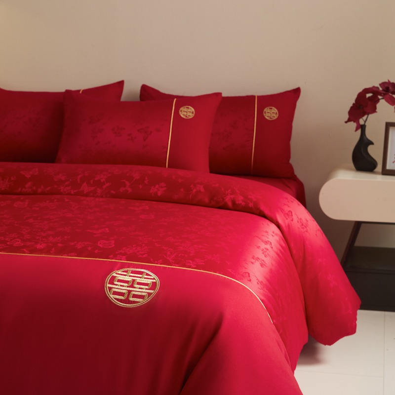 Высококачественный жаккардовый свадебный комплект из четырех предметов, красное покрывало для свадьбы, 100% хлопковое постельное белье и простыня с резинкой, свадебное постельное белье для новобрачных