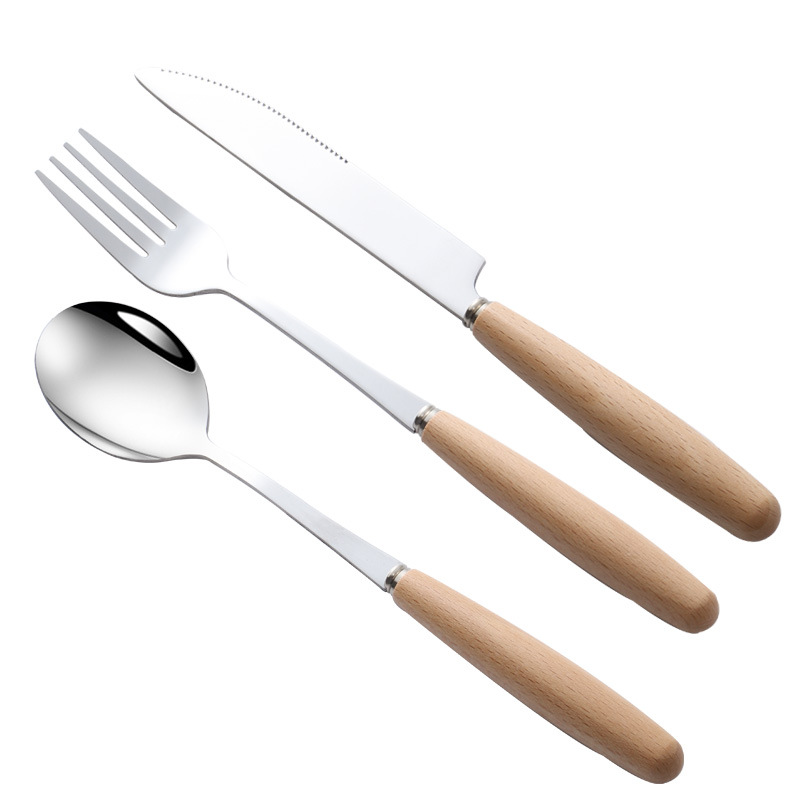 Creative Japanese Beech Wood Handle Tableware Stainless Steel Knife, Fork, Spoon, Chopsticks, Coffee Stirring Spoon, Dessert Spoon, Egg Beater