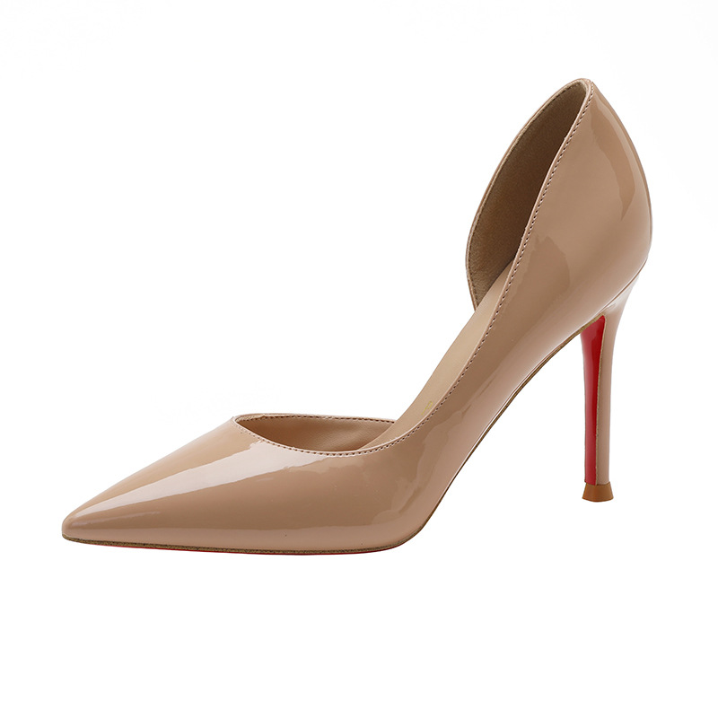 2025 New Red Bottom Pointed Toe Side Hollow Sexy Nude High Heels Women's Beautiful Stiletto Heels Temperament Black Patent Leather Shoes