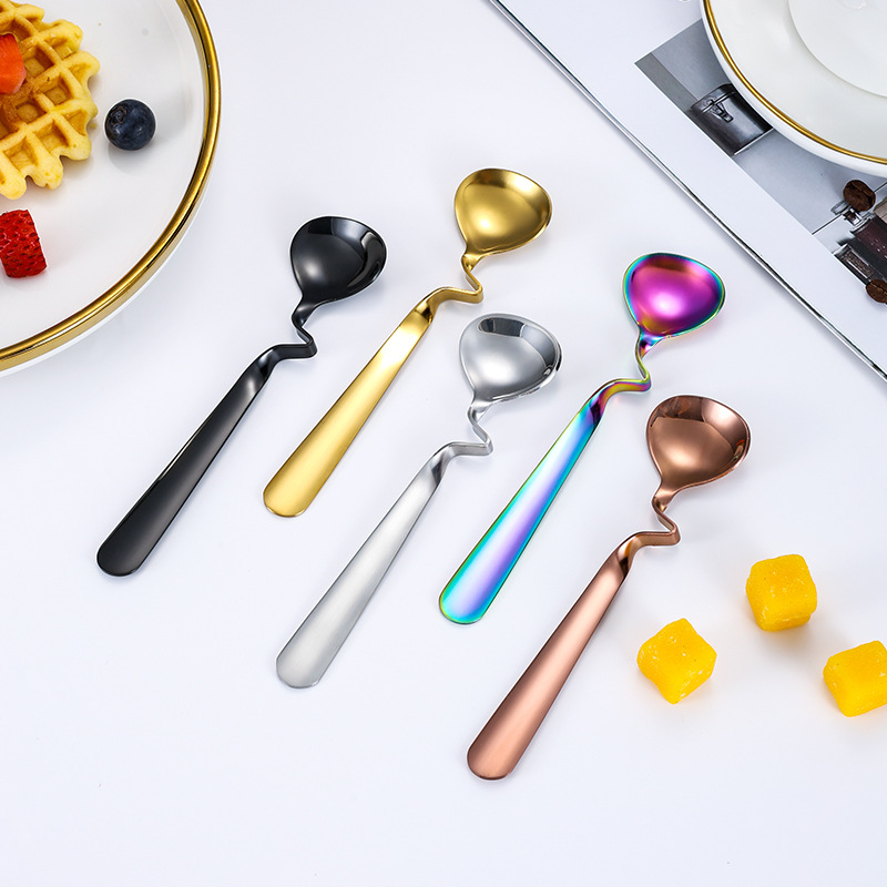 Creative 304 stainless steel curved handle coffee spoon hanging Cup dessert ice cream spoon household cute ins stirring twist spoon