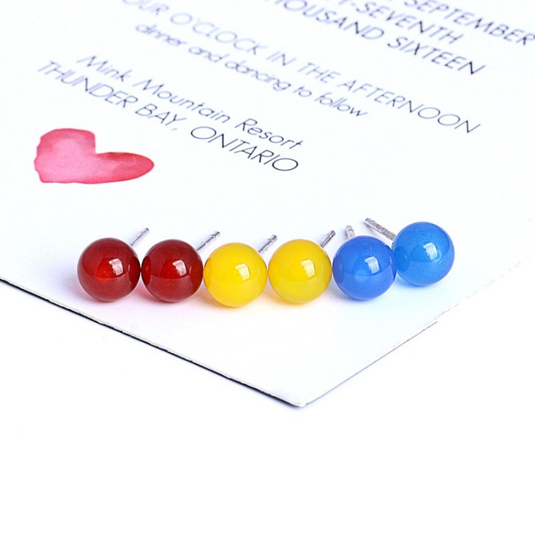 S925 Silver Natural Agate Earrings Simple Round Bead Earrings Retro Red and Green Chalcedony Earrings Silver Jewelry Cross-Border Red Agate