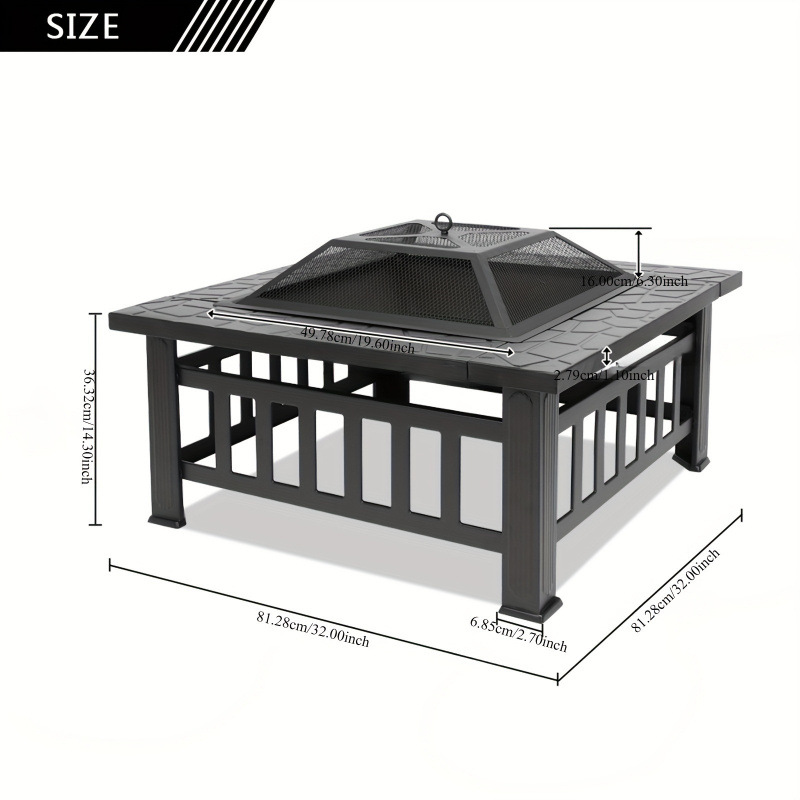 2026 New Cross-Border Dropshipping 32inch Square Black Iron Wood-Burning Brazier Suitable for Cross-Border Use