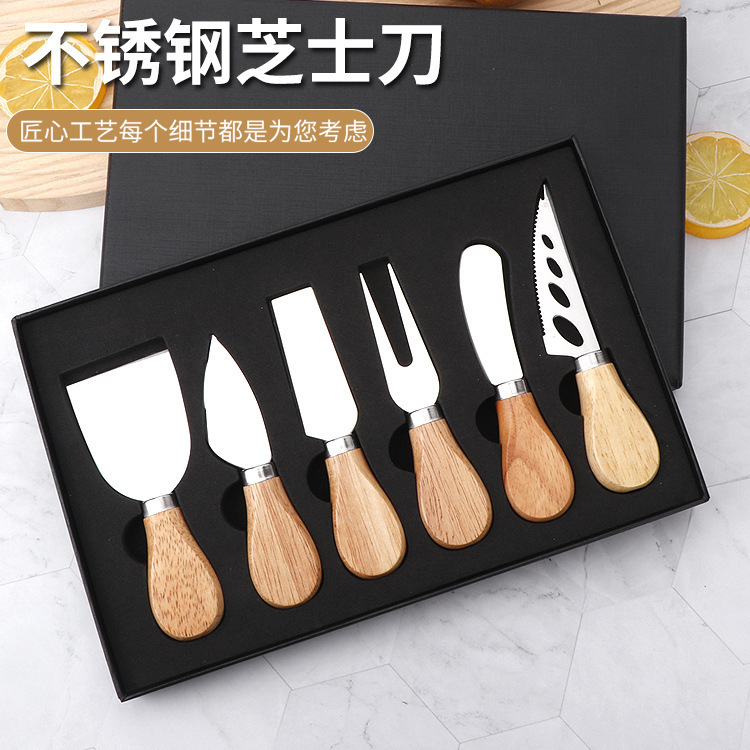 Manufacturer Stainless Steel Rubber Wooden Handle Cheese Cheese Knife Set Bamboo Butter Knife Cheese Fruit Fork Gift Box