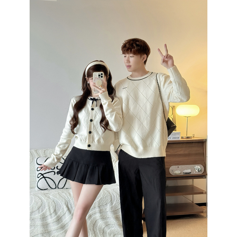 2025 Autumn New Little Fragrance Bow Wool Sweater Women's Autumn Sweet Top Couple Wear