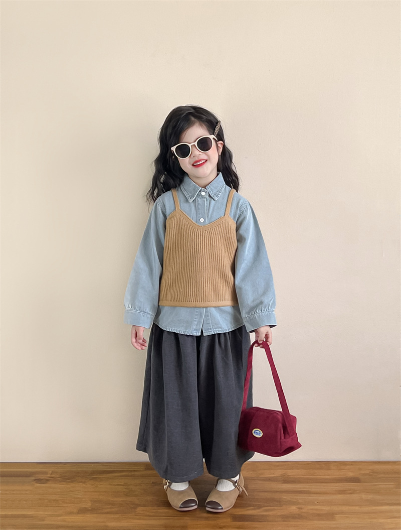2026 Spring New Collection Korean Style Children's Clothing Girls' Fashionable Lapel Denim Shirt Baby Single-Breasted Top Shirt