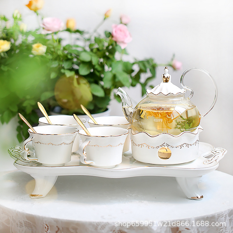 Afternoon Tea Set European Style Tea Set Candle Boiling Tea Stove British Style Tea Set Glass Fruit Teapot Flower Teapot Set