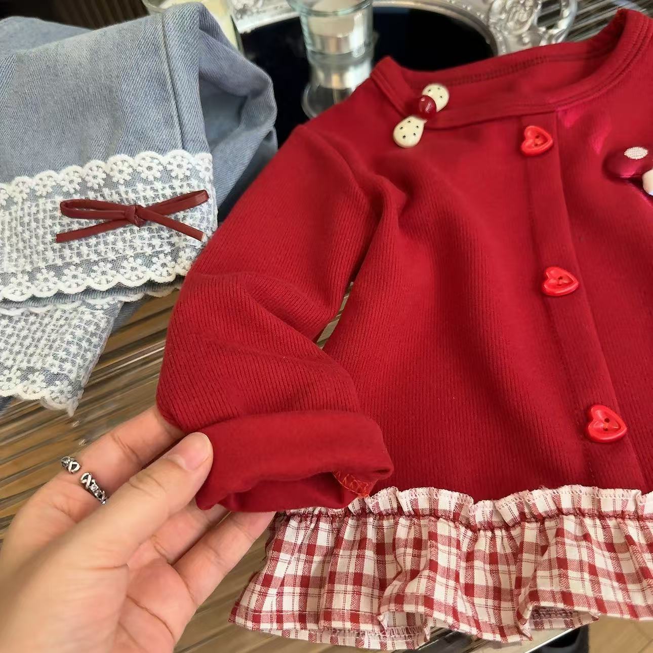 Girls Sweatshirt 2025 Autum New Korean Style Casual Fashionable Cute Red Mushroom Splicing Skirt Sweatshirt