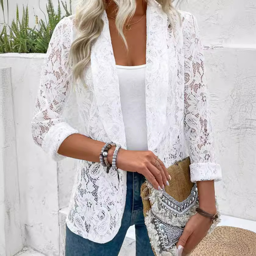 2024 Europe and the United States cross-border spring and summer small suit foreign style all-match solid color lace shirt coat
