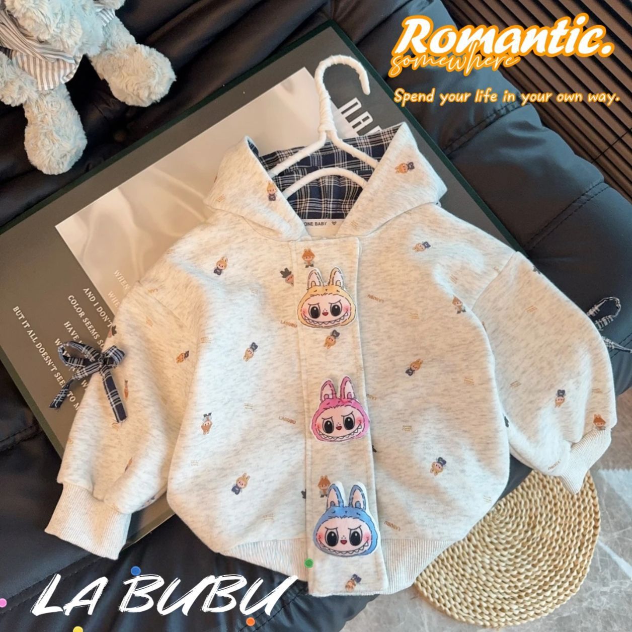 2025 New Labubu Sweater Suit Spring and Autumn Girls Parent-Kids Wear Three-Dimensional Doll Sports Hooded Two-Piece Set