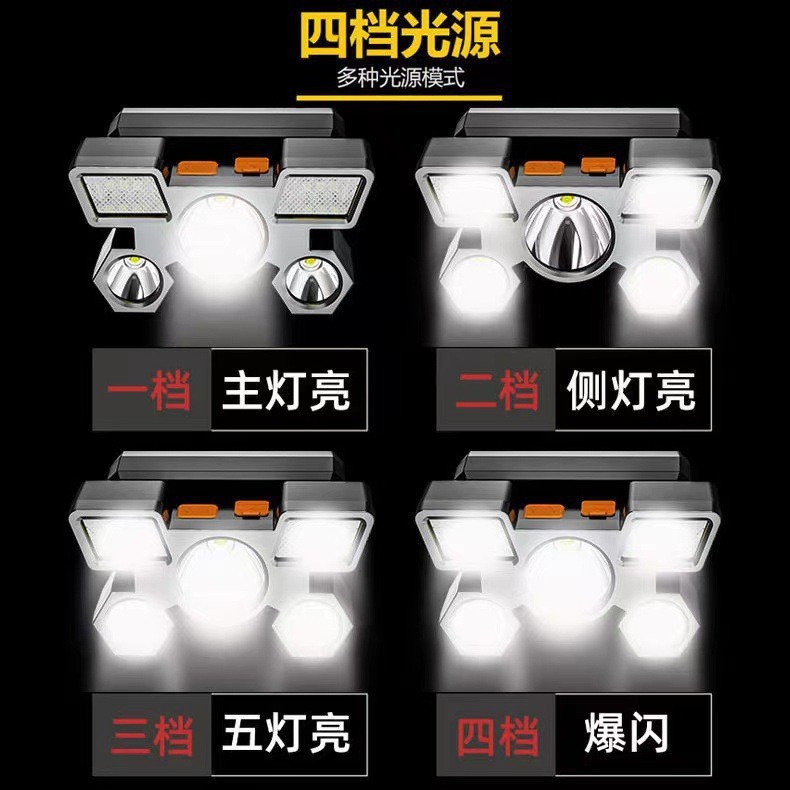 Cross-Border Led Strong Light Headlight USB Charging Five-Head Aircraft Light Outdoor Head-Mounted Miner's Lamp High Lumen Night Fishing Light