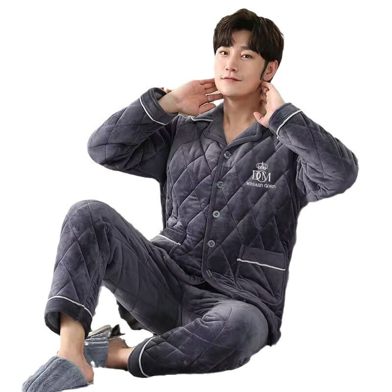 Men's Winter Thickeneded Velvet Three-Layer Quilted Coral Velvet Flannel Autumn and Winter Warm Home Clothes Set