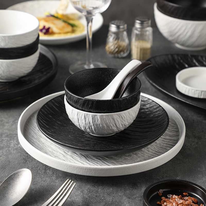 Stone Pattern Black and White Porcelain Bowls and Plates Tableware Home Set High-End Bowls and Plates Porcelain Combination Simple Ceramic Celadon