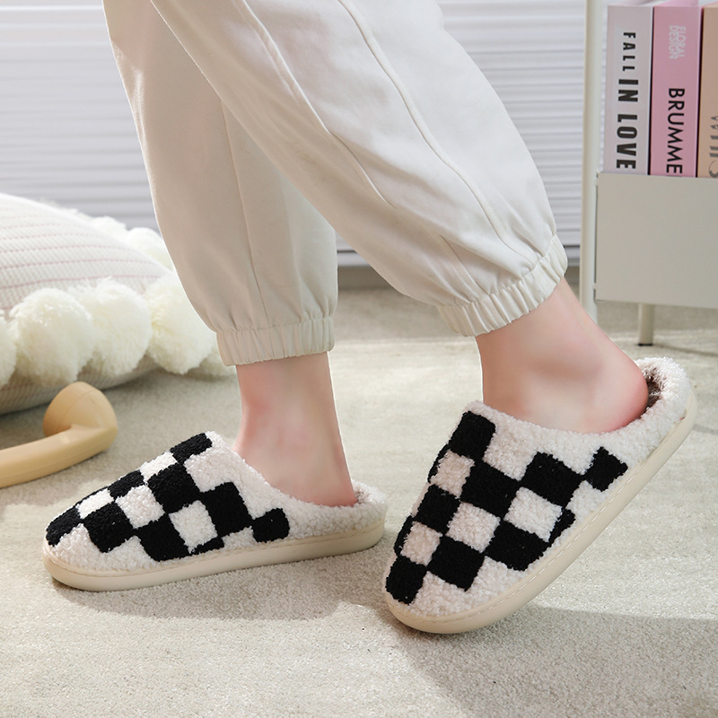 New Comfortable Home Chessboard Warm Winter Cotton Slippers Couple Men's and Women's Thick-soled Soft-soled Cotton Shoes Thickened Non-slip