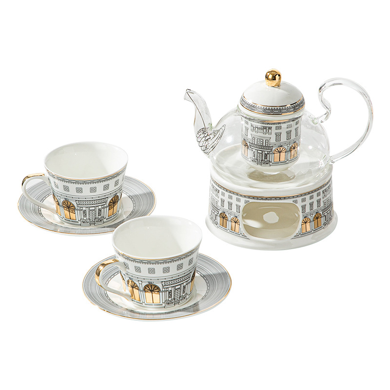 Ceramic Flower Teapot suit Candle Holder Heating Glass Boiling Teapot Fruit Pot Nordic Light Luxury Afternoon Flower Tea Set